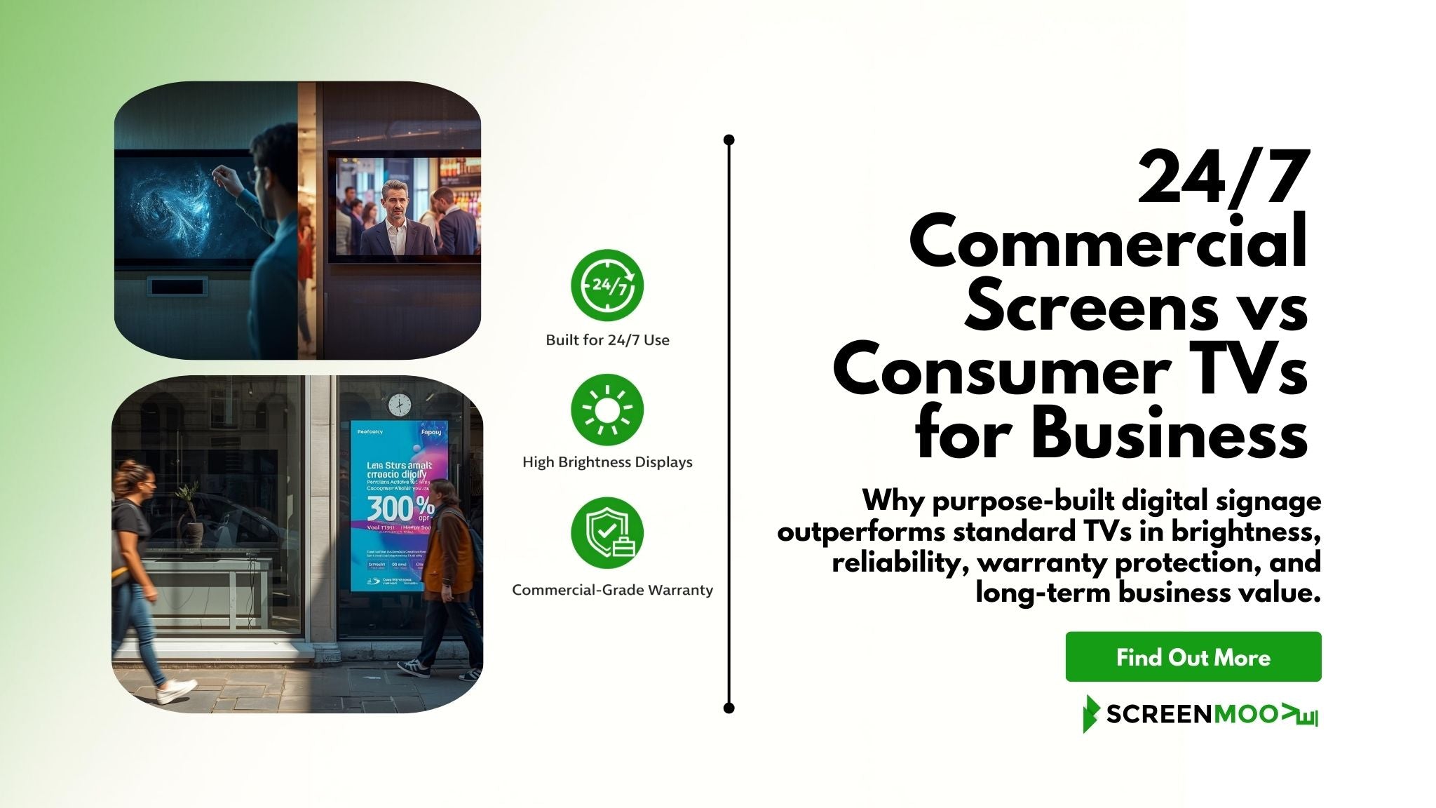 24/7 Commercial Screens vs Consumer TVs for Business (2026 Guide)