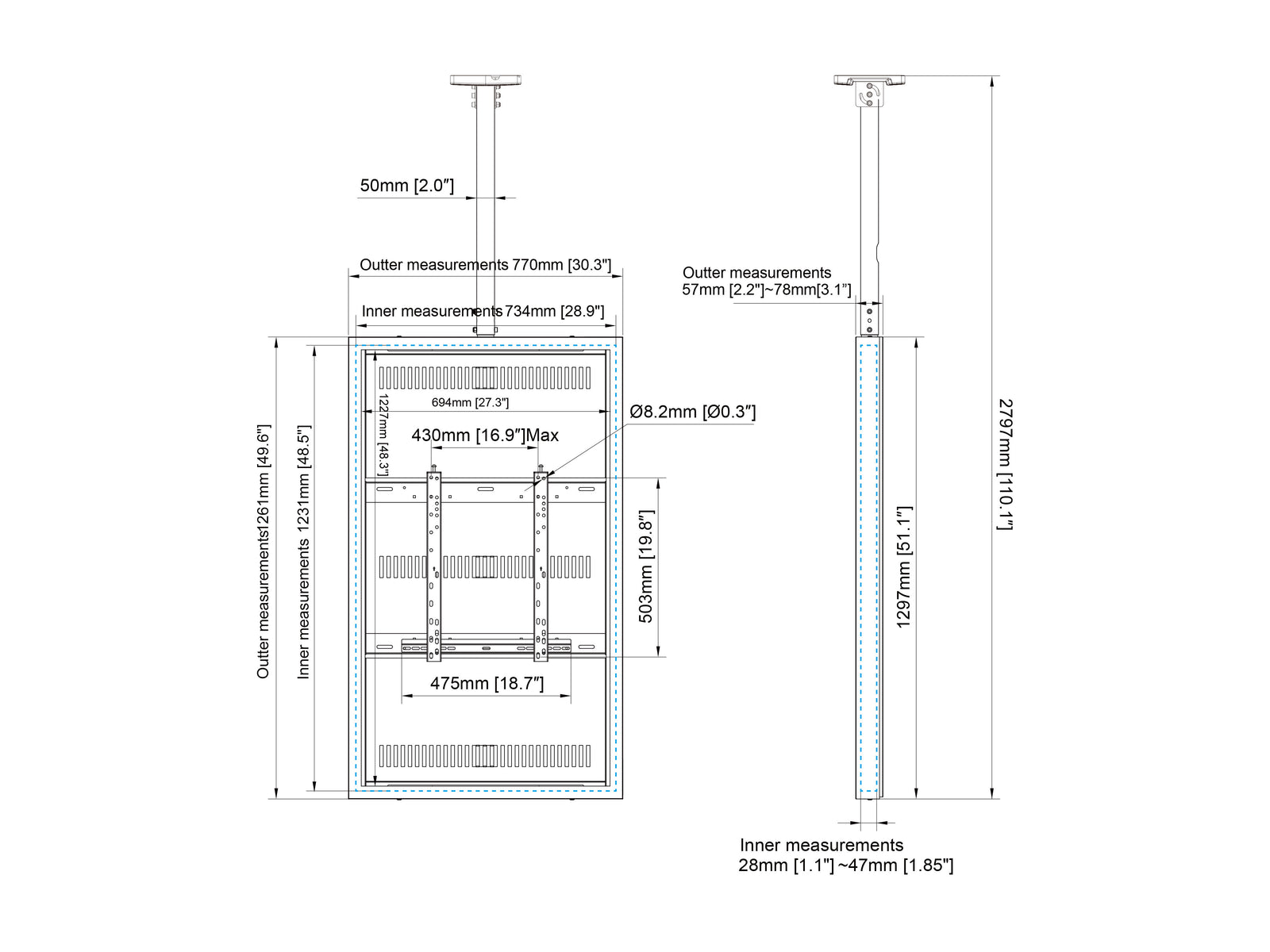 Multibrackets M Pro Series Enclosure 55" Slim Ceiling Medium White Signage Display Enclosures Multibrackets