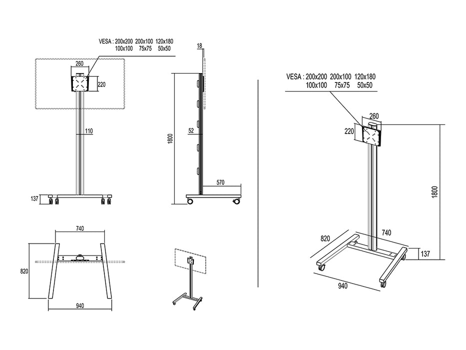 Multibrackets MB0643 M 180 Mobile Display Trolley - Up to 32"-65" Display - Black