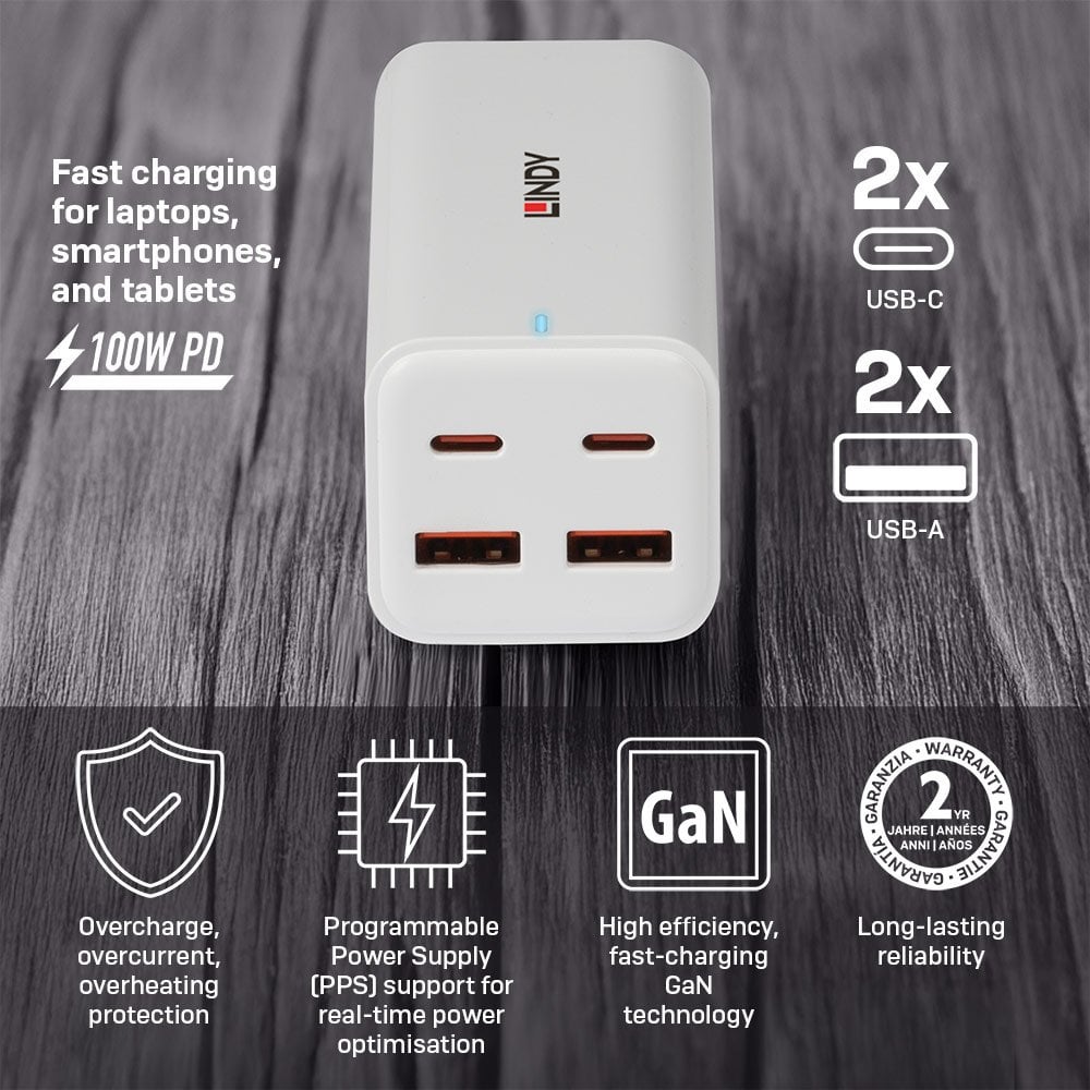 Lindy 100W 4-Port USB Type A & C GaN Charger | 73441 Power & Charging Lindy