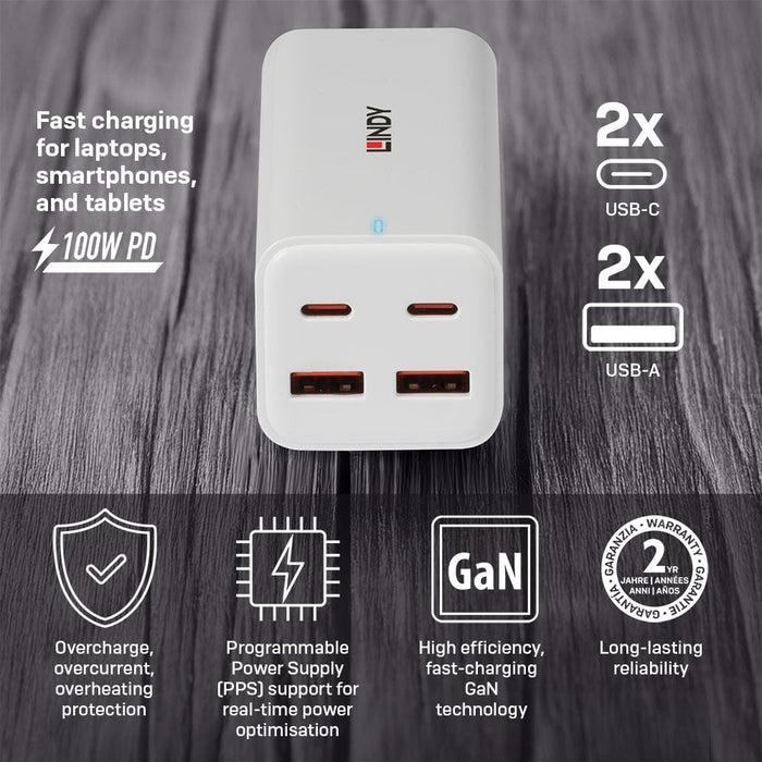 Lindy 100W 4-Port USB Type A & C GaN Charger | 73441 Smart Device Chargers Lindy