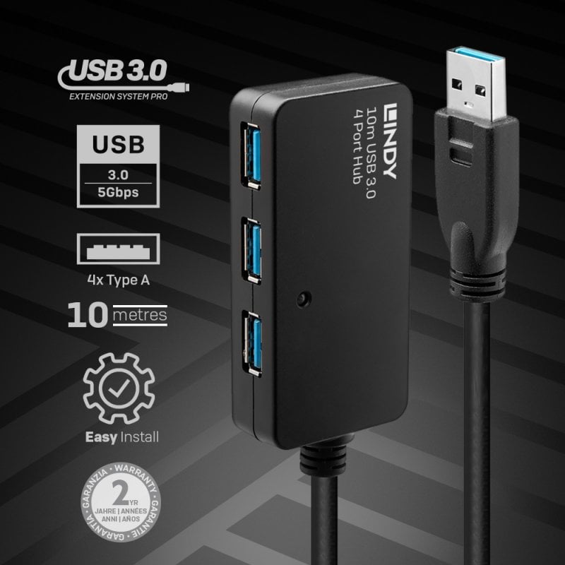 Lindy 10m USB 3.0 Active Extension Pro 4 Port Hub | 43159 USB Hub & Docking Station Lindy
