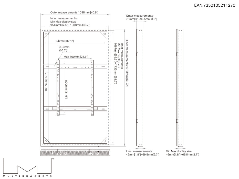 Multibrackets M Pro Series Enclosure 75" Wall Large White Signage Display Enclosures Multibrackets