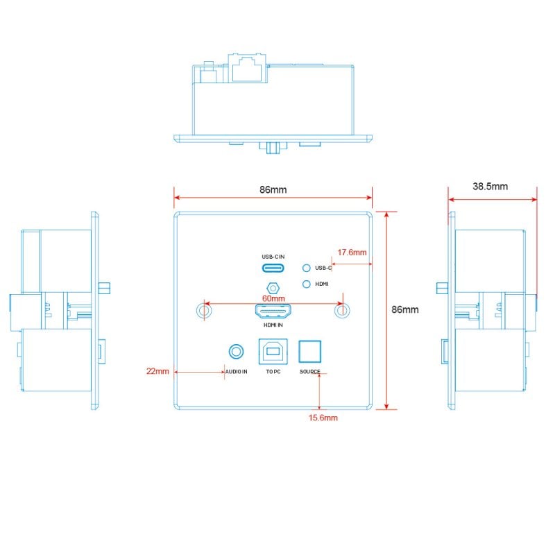 Lindy 150m Cat.6 HDMI 4K60 & Type C HDBaseT UK Wall Plate KVM Extender, Transmitter | 38387 AV Extender Lindy