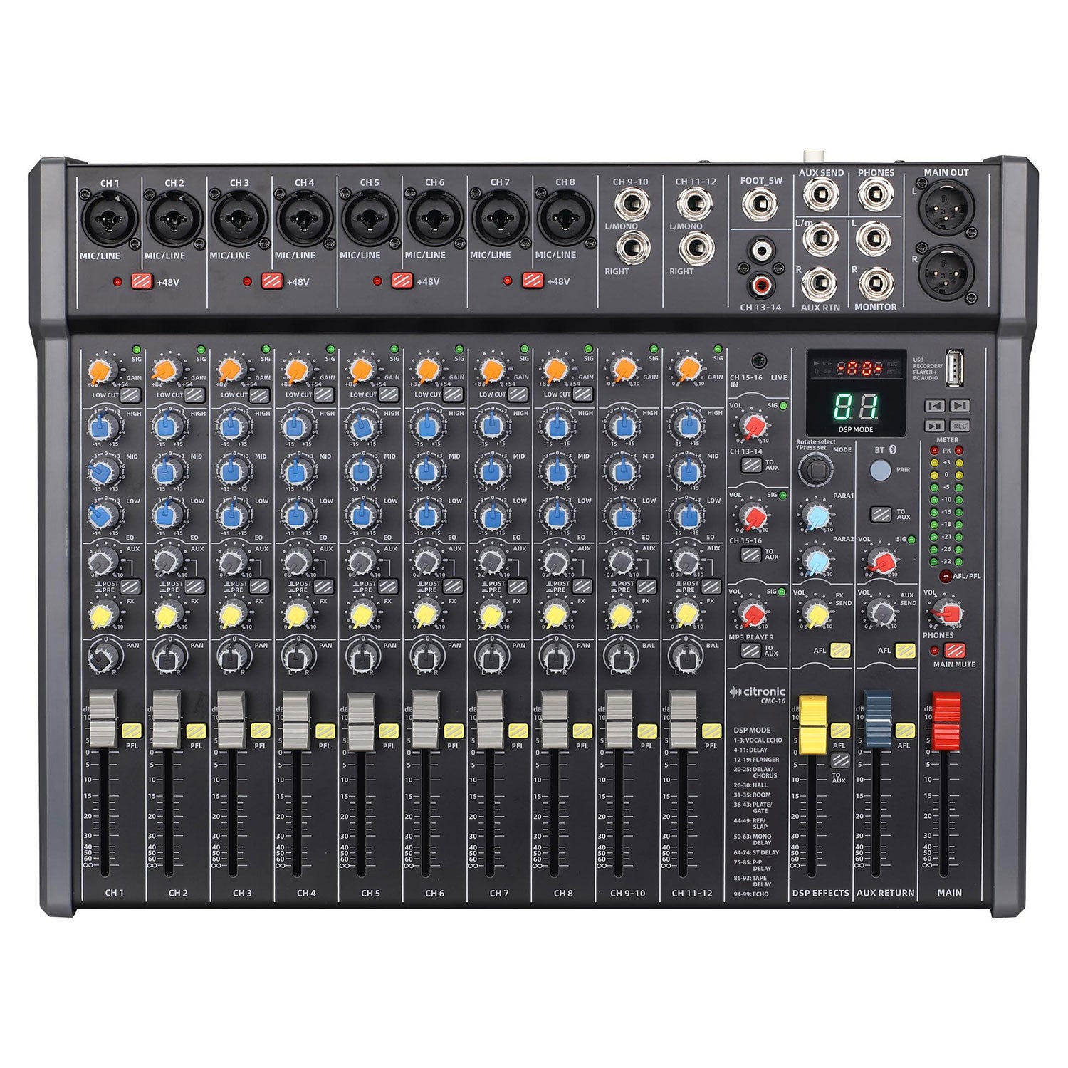 Citronic CMC Series 8-Channel Professional Audio Mixer with DSP FX, USB & BT | 170.942UK Audio Mixer Citronic