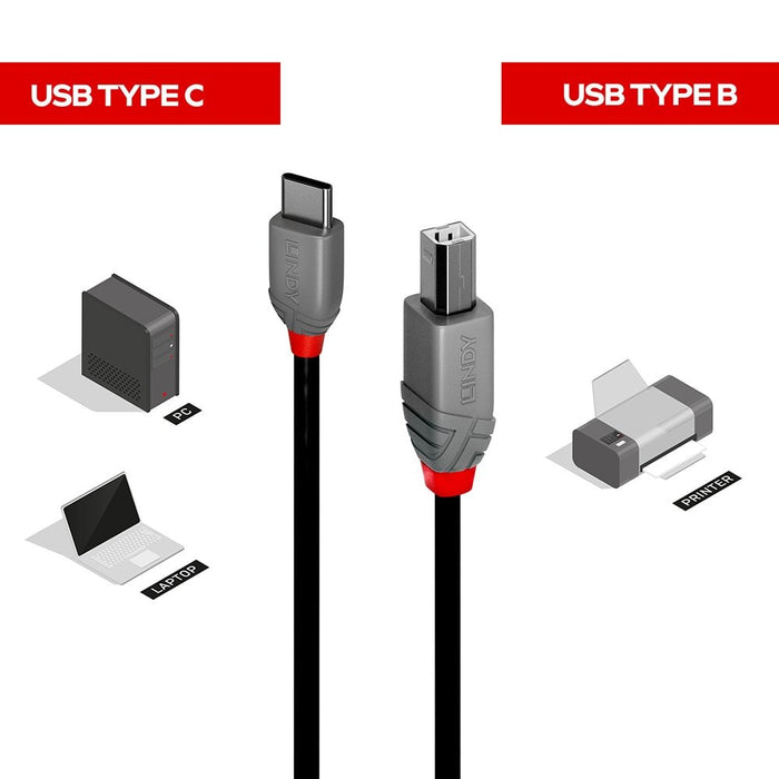 Lindy 1m USB 2.0 Type C to B Cable, Anthra Line | 36941 USB-C Cable Lindy