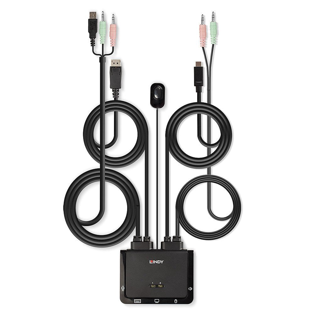 Lindy 2 Port DisplayPort 1.2, USB Type C, USB 2.0 & Audio Cable KVM Switch | 42346 Switches Lindy