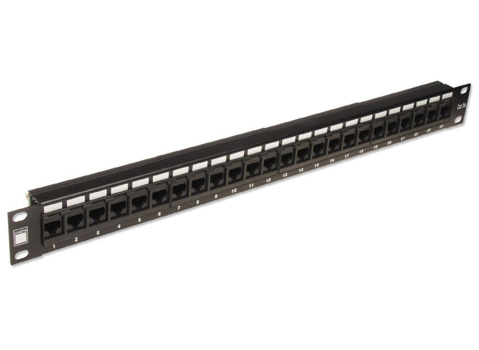 Lindy 19" CAT5e 1U 24 Port RJ-45 Patch Panel, Unshielded, Black | 20756 Patch Panels Lindy