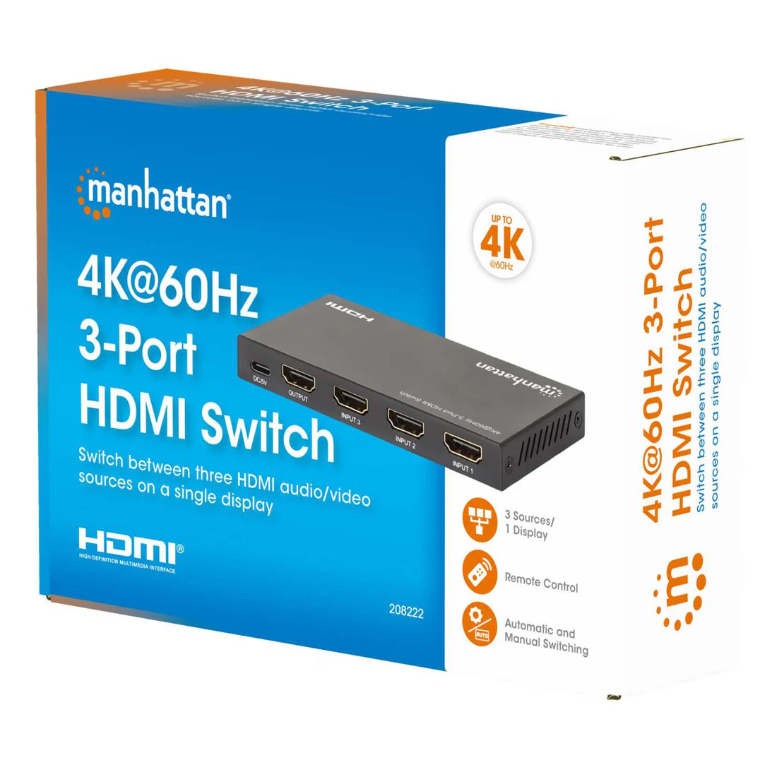 Manhattan 4K@60Hz 3-Port HDMI Switch | 208222 Video Switch Manhattan
