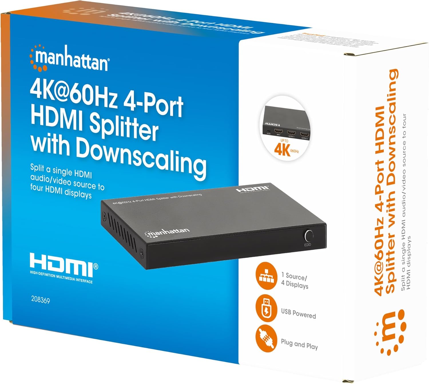 Manhattan 4K@60Hz 4-Port HDMI Splitter with Downscaling | 208369 Splitter Manhattan