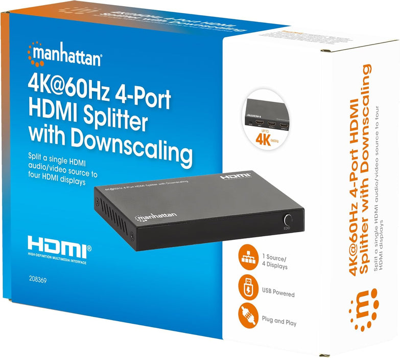 Manhattan 4K@60Hz 4-Port HDMI Splitter with Downscaling | 208369 Video Splitter Manhattan