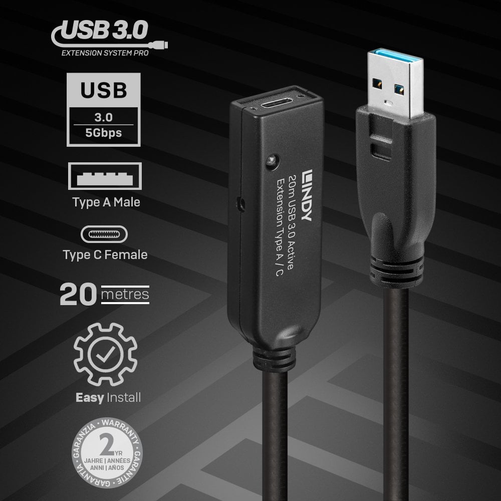 Lindy 20m USB 3.0 Active Extension Type A to C | 43375 USB Cable Lindy