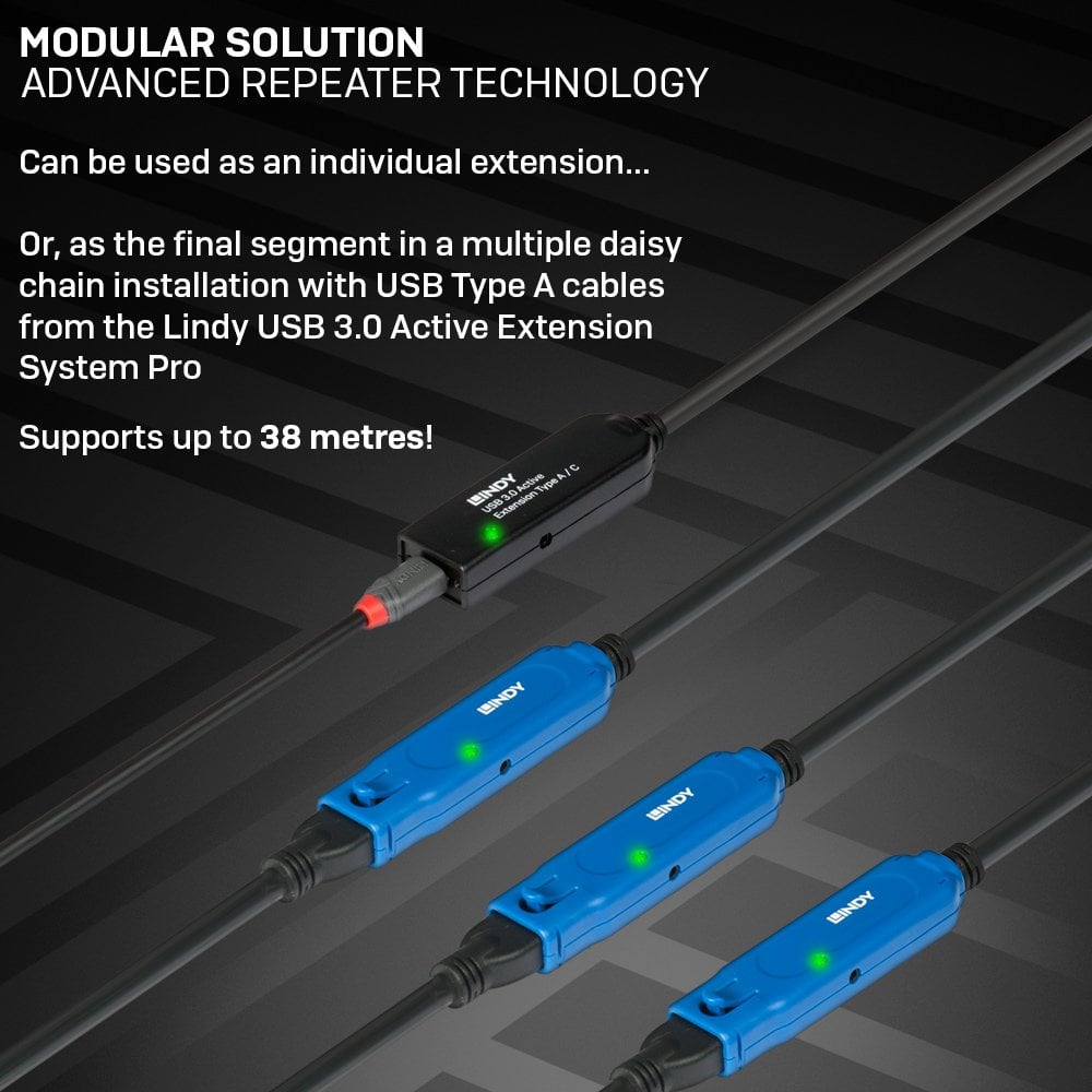Lindy 20m USB 3.0 Active Extension Type A to C | 43375 USB Cable Lindy