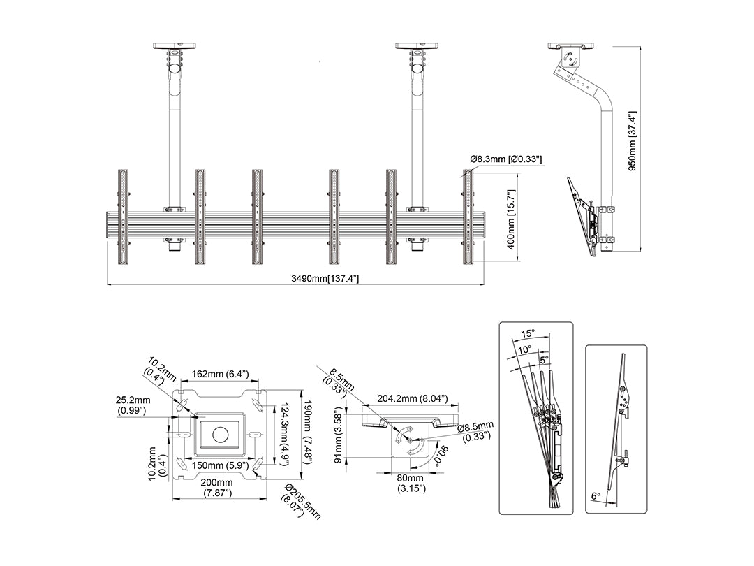 Multibrackets 0.8m Fixed 40"-65" Pro Series Menu Board Ceiling Mount For 3 Screens Ceiling Mount Bracket Multibrackets