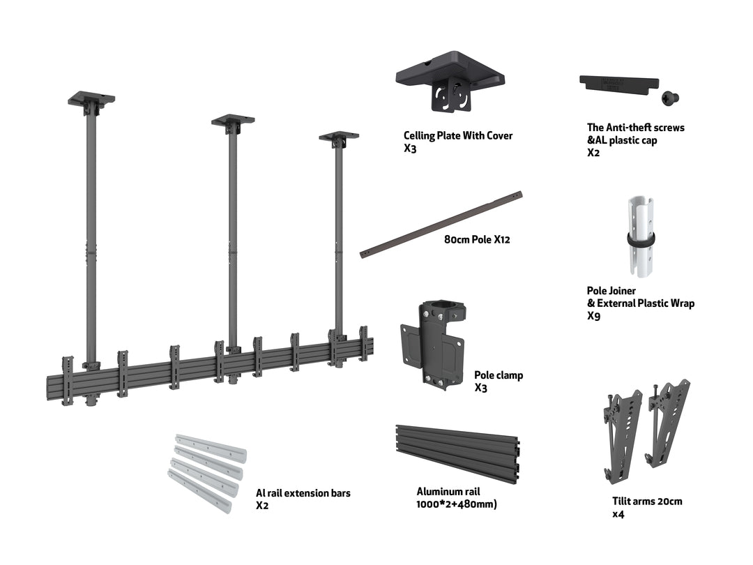 Multibrackets 30" - 42" up to 3m Pole Display Ceiling Mount Pro For 4 Screens Ceiling Mount Bracket Multibrackets