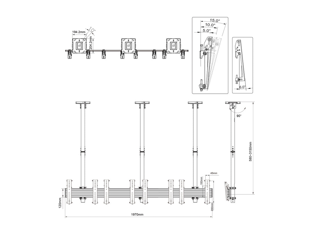 Multibrackets 30" - 42" up to 3m Pole Display Ceiling Mount Pro For 4 Screens Ceiling Mount Bracket Multibrackets