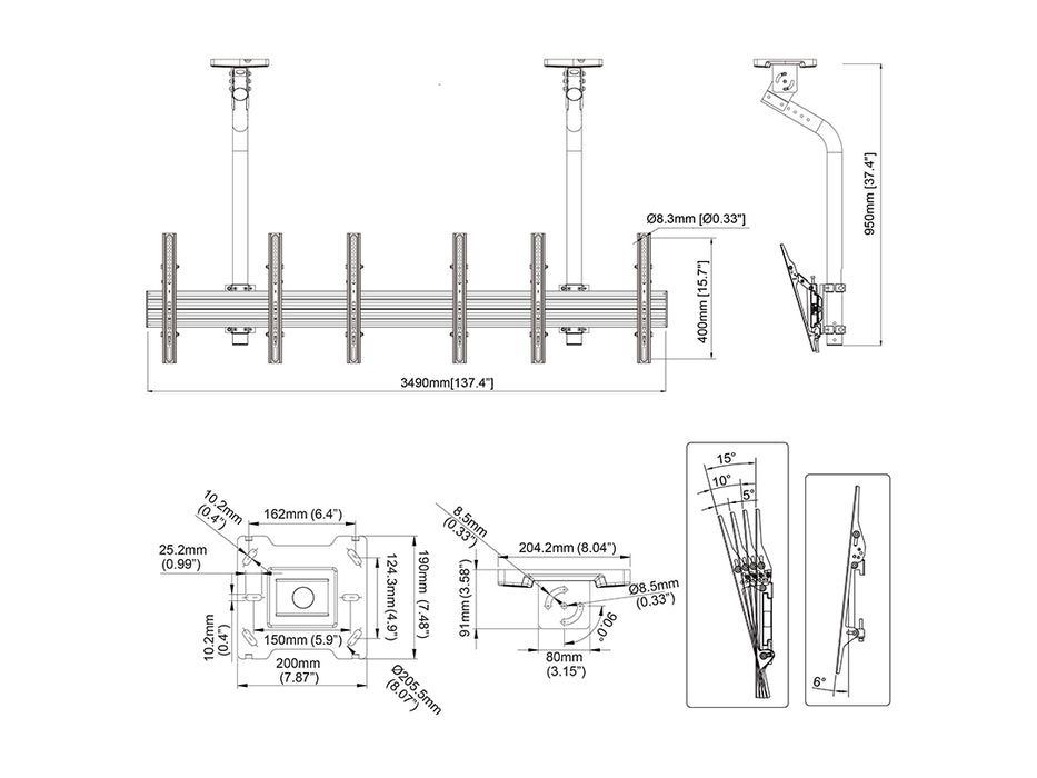 Multibrackets 0.8m Fixed 40"-65" Pro Series Menu Board Ceiling Mount For 3 Screens Menu Board Mounting Systems Multibrackets