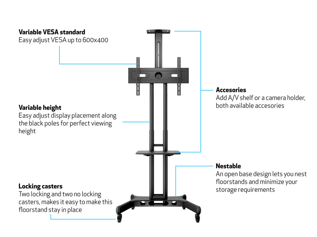 Multibrackets 32"-60" Height Adjustable Mobile Trolley With Media Shelf & Camera Holder Mobile Trolley Multibrackets