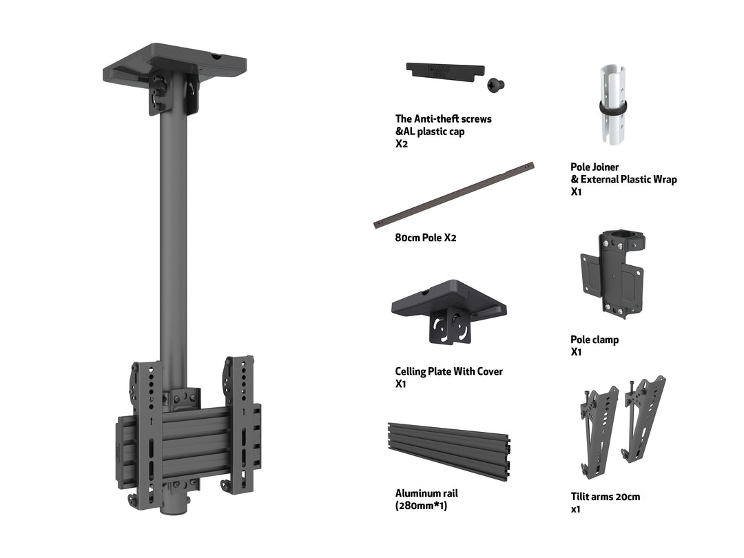 Multibrackets 0.8m Tilt 24"-43" Pro Series Menu Board Ceiling Mount For 1 Screen Ceiling Mount Bracket Multibrackets
