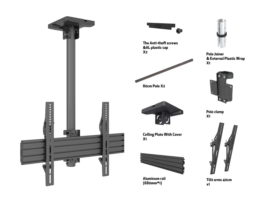 Multibrackets 0.8m Tilt 40"-65" Pro Series Menu Board Ceiling Mount For 1 Screen Ceiling Mount Bracket Multibrackets