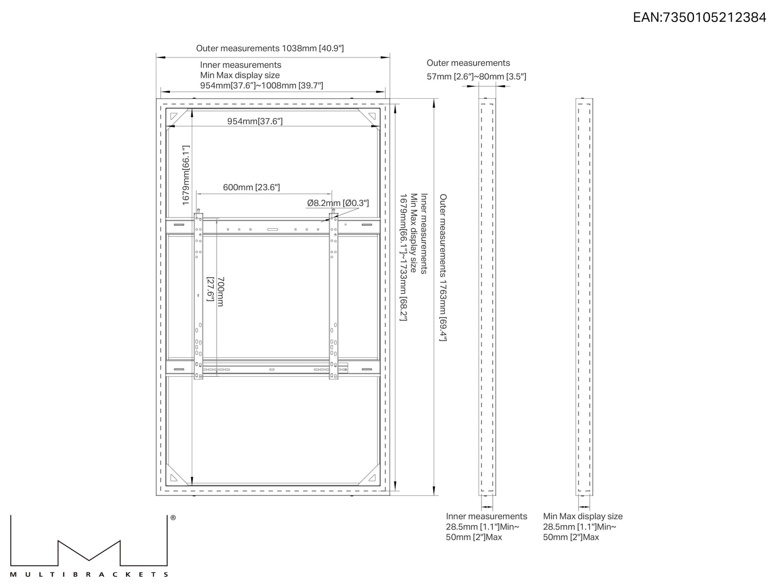 Multibrackets M Pro Series Enclosure 75" Wall Slim Medium Black Signage Display Enclosures Multibrackets