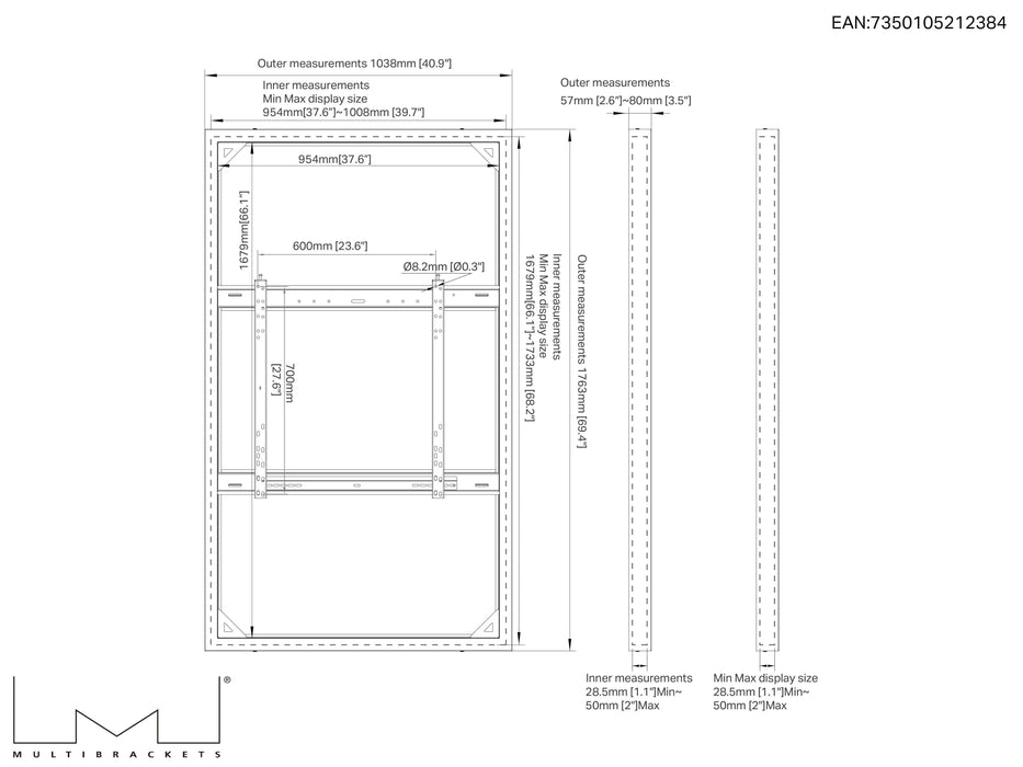 Multibrackets M Pro Series Enclosure 75" Wall Slim Medium Black Signage Display Enclosures Multibrackets