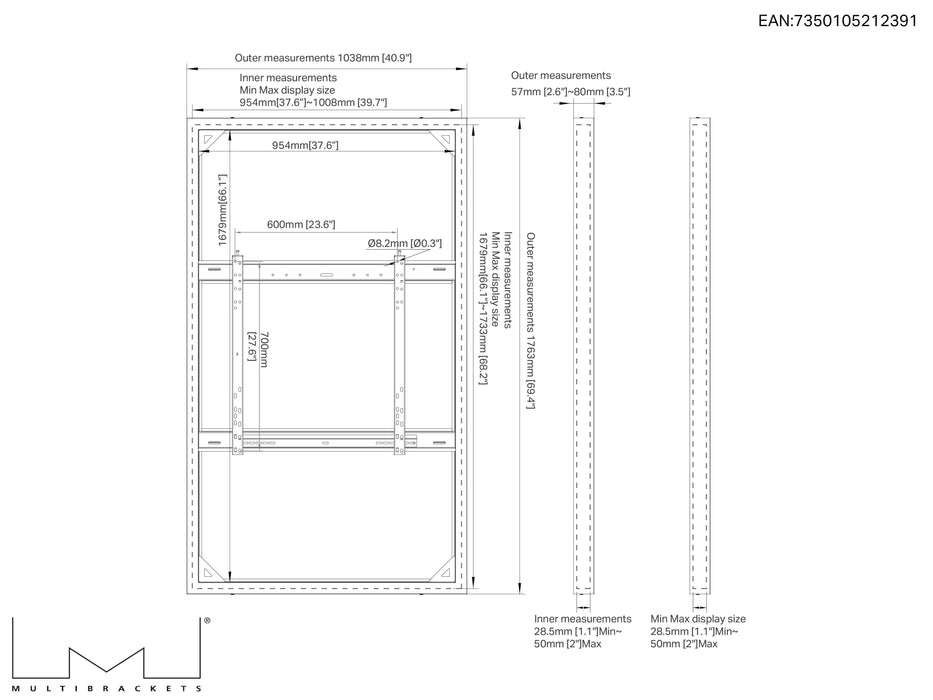 Multibrackets M Pro Series Enclosure 75" Wall Slim Medium White Signage Display Enclosures Multibrackets