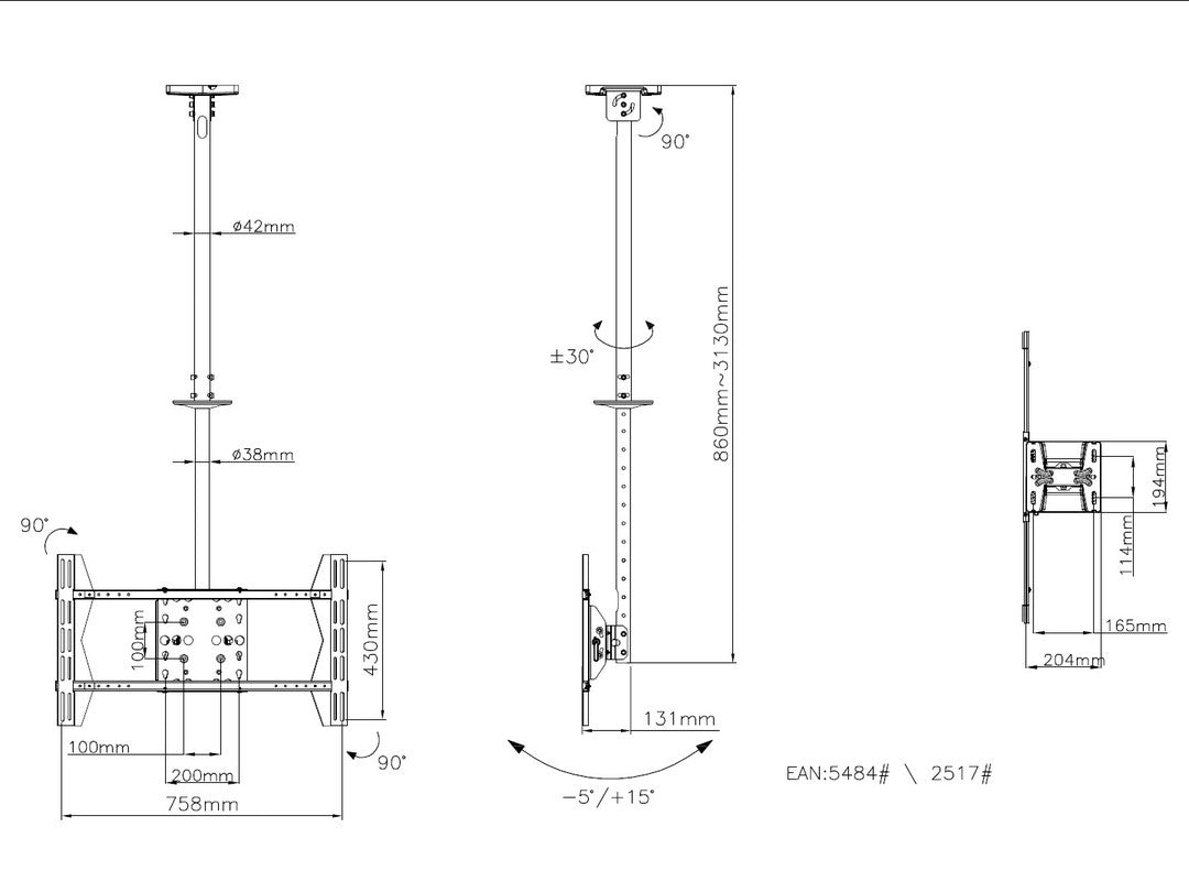 Multibrackets M Public Ceiling Mount Large Single for 32"-75" Screens | 7350022735484 Ceiling Mount Bracket Multibrackets