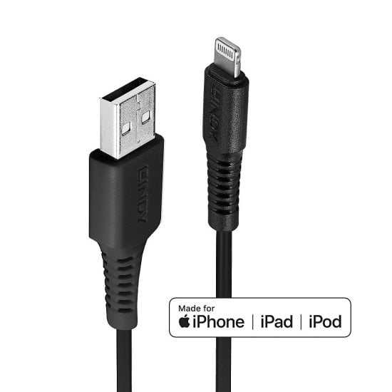 Lindy 2m USB Type A to Lightning Cable, Black | 31321 USB Cable Lindy