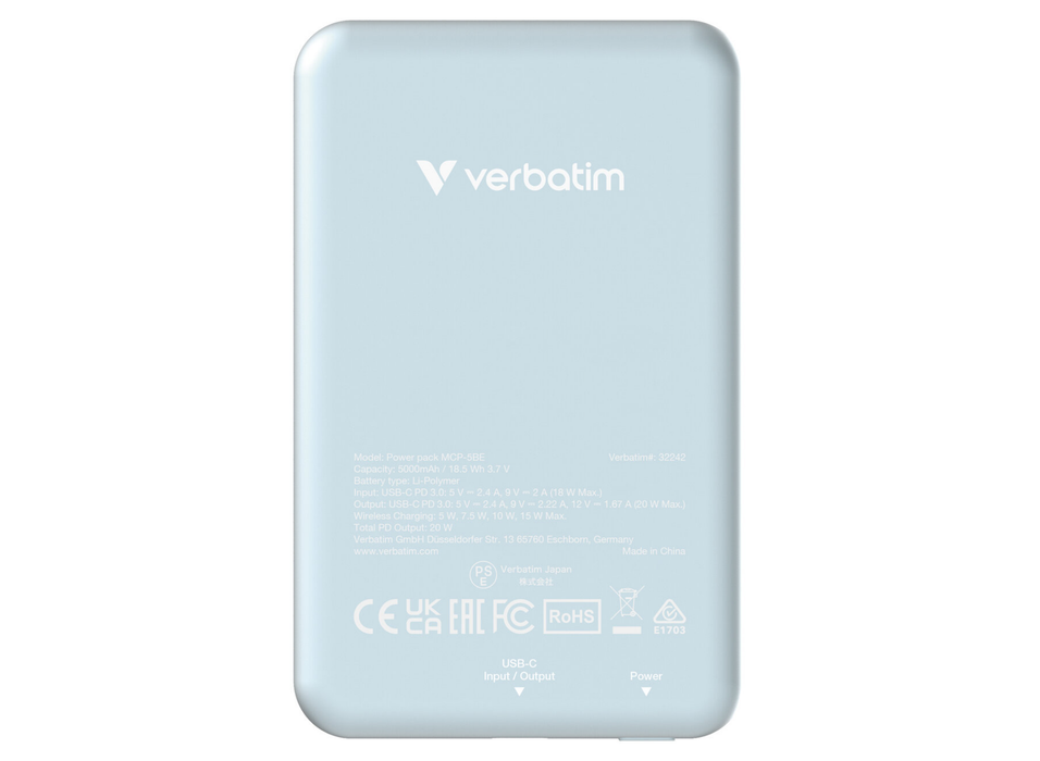 Verbatim Charge 'n' Go Magnetic Wireless Power Bank 5000 mAh - Blue | 32242
