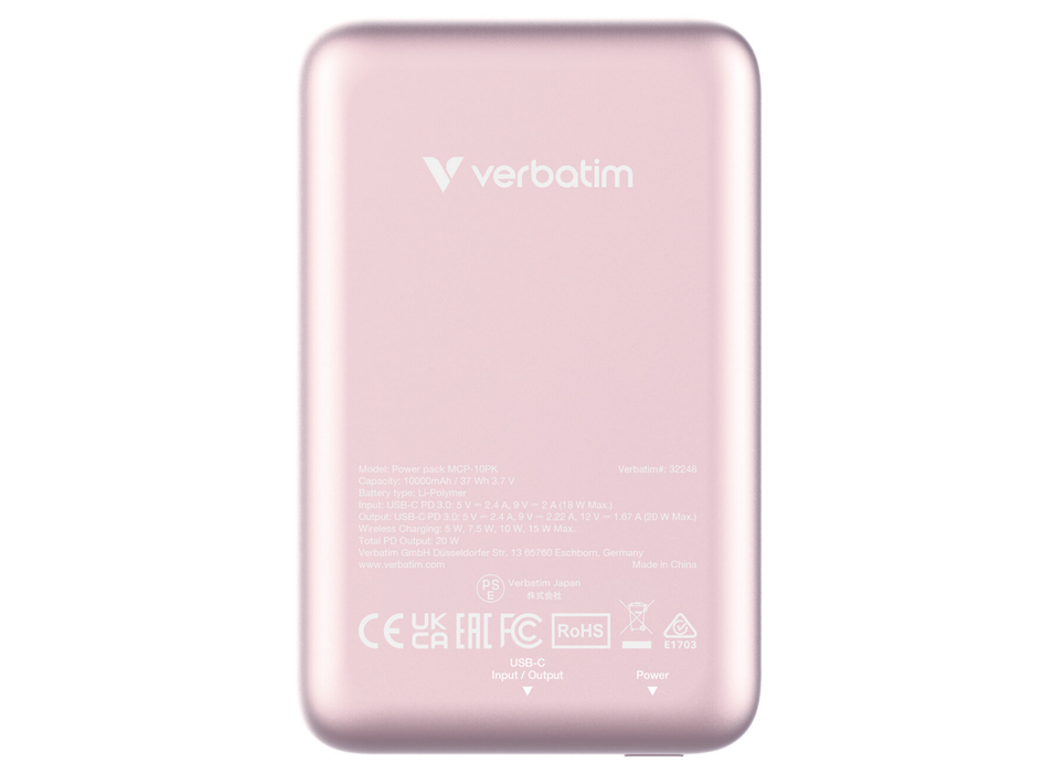 Verbatim Charge 'n' Go Magnetic Wireless Power Bank 10000 mAh - Pink | 32248
