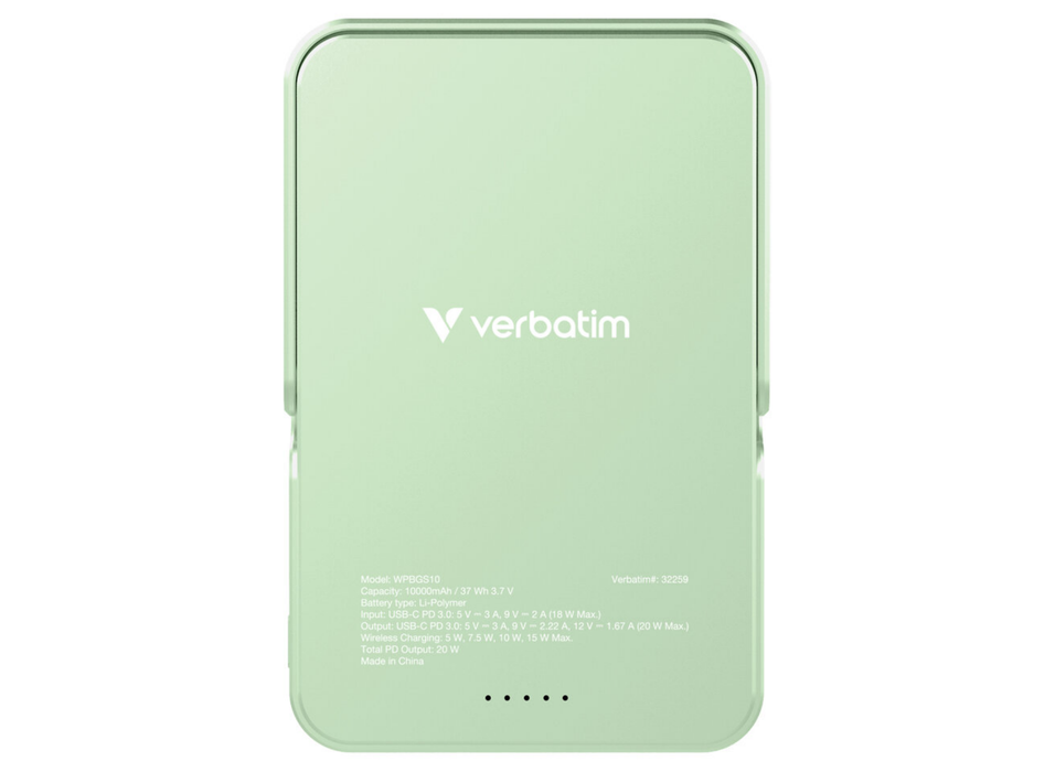 Verbatim Charge 'n' Go Magnetic Wireless Charging Power Bank Glass with Stand 10000 mAh – Green | 32259