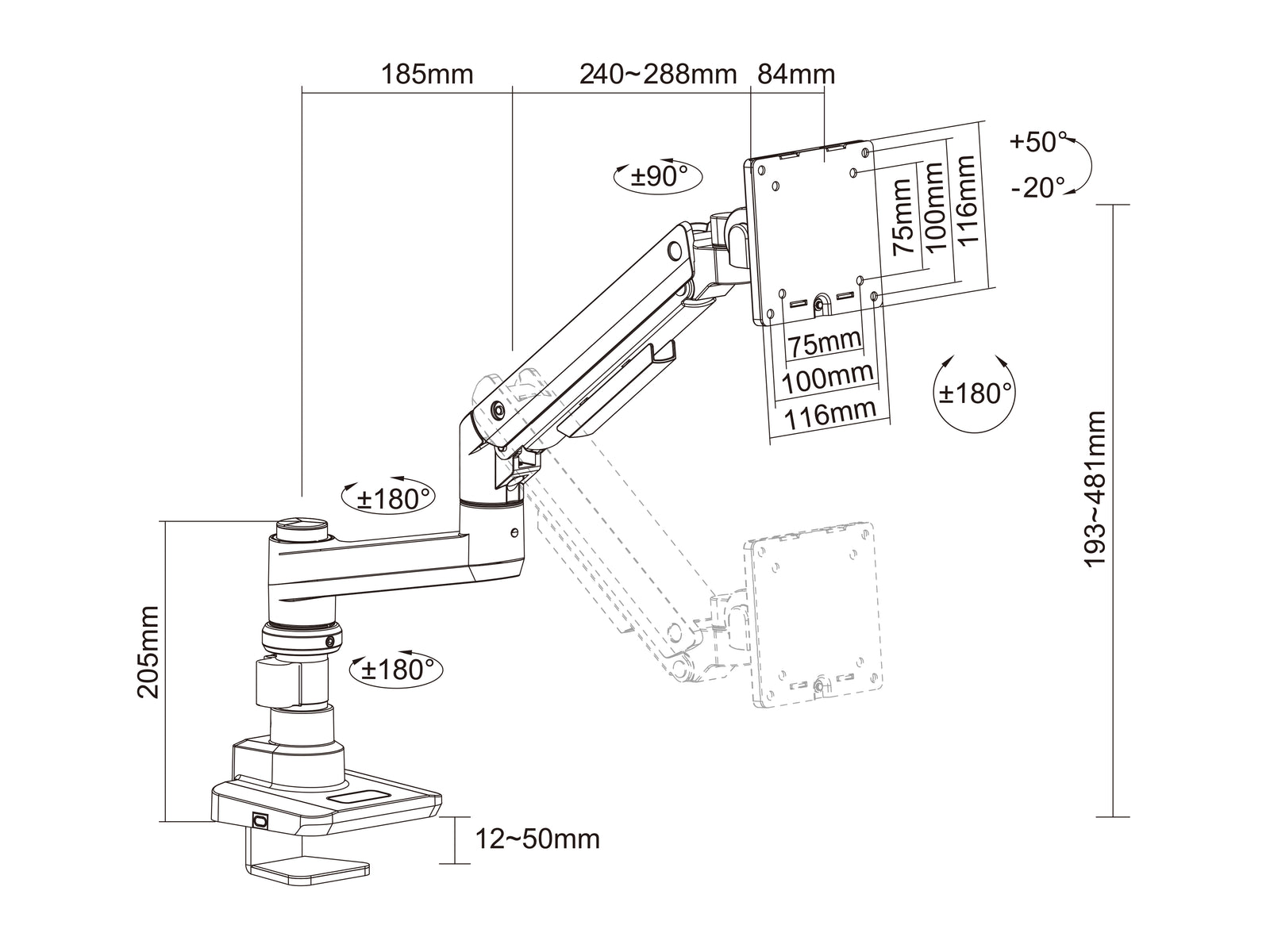 Multibrackets M Deskmount Single Arm Gas Spring Monitor Desk Mount - 17"-49" Screen Monitor Mounts & Stands Multibrackets