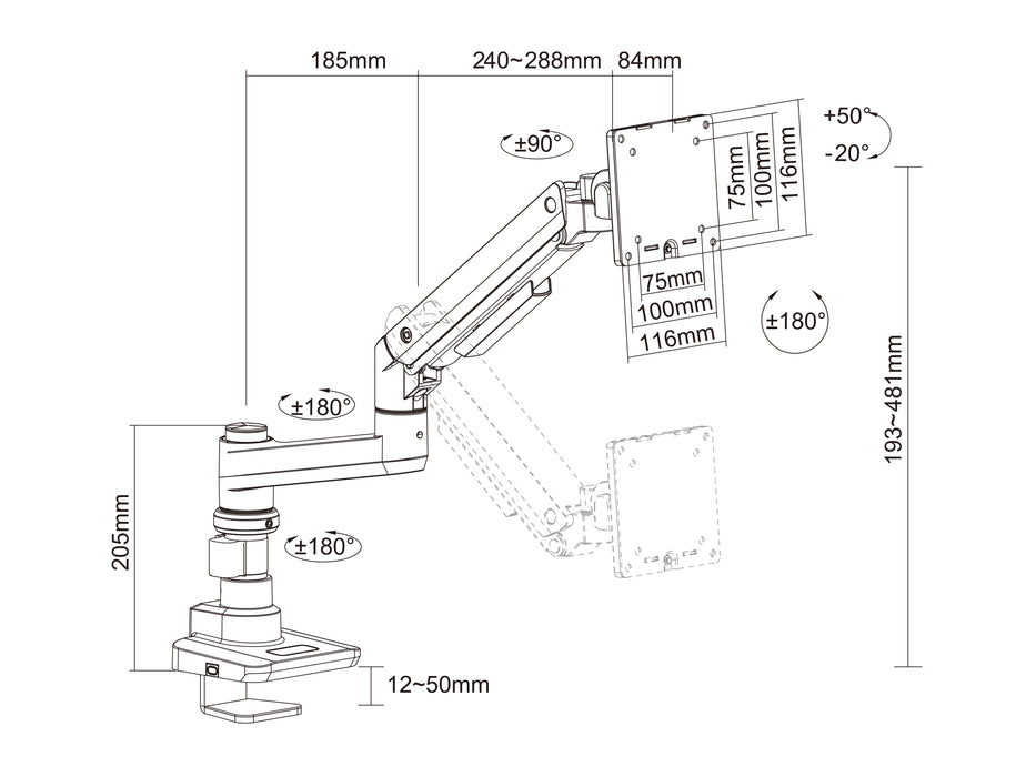 Multibrackets M Deskmount Single Arm Gas Spring Monitor Desk Mount - 17"-49" Screen Monitor Mounts & Stands Multibrackets