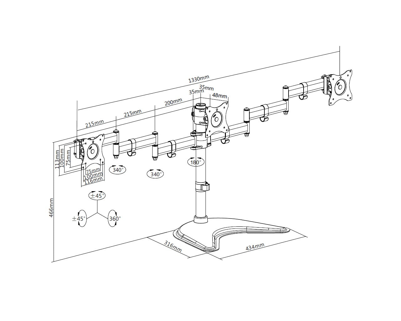 Multibrackets M Deskstand Basic Triple Monitor Desk Mount - 15"-27" Monitors Monitor Arm Desk Mount Multibrackets