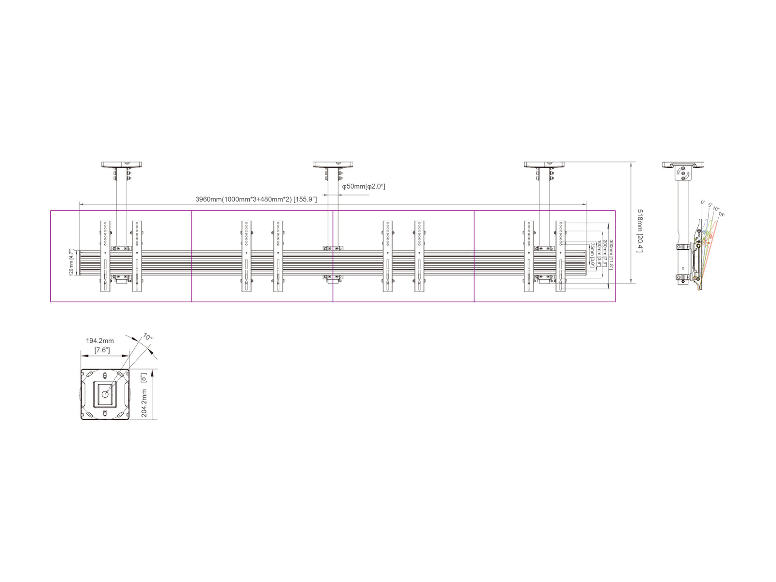 Multibrackets M Menu Board Pro 4-Screen Ceiling Mount For 32"-50" Screen | VESA 300x300 Ceiling Mount Bracket Multibrackets