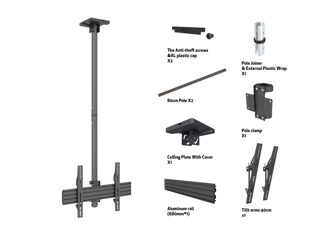 Multibrackets 40” - 65" - 1.5m Pole Single Side Display Ceiling Mount Pro Ceiling Mount Bracket Multibrackets