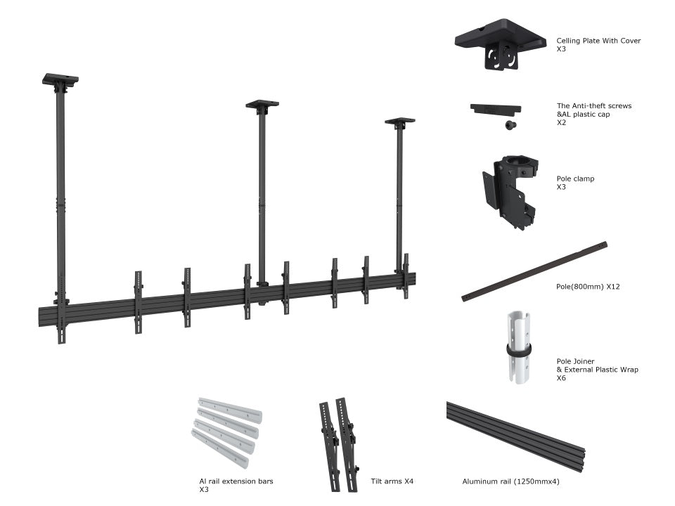 Multibrackets 40” - 65" MBC4X1U Ceiling Mount for 4 Screens | 3m Pole Ceiling Mount Bracket Multibrackets