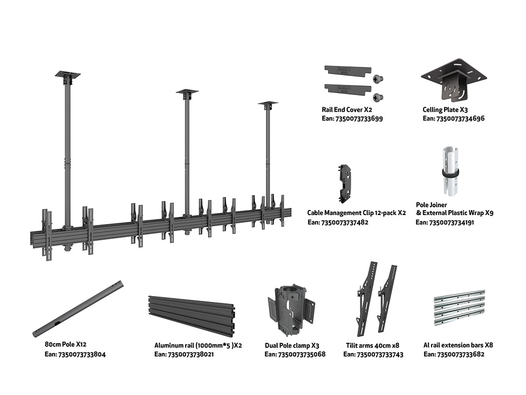 Multibrackets 40"-65" MBC4X1U2 Dual-Side Ceiling Mount with 3m Extension for 8 Screens Ceiling Mount Bracket Multibrackets