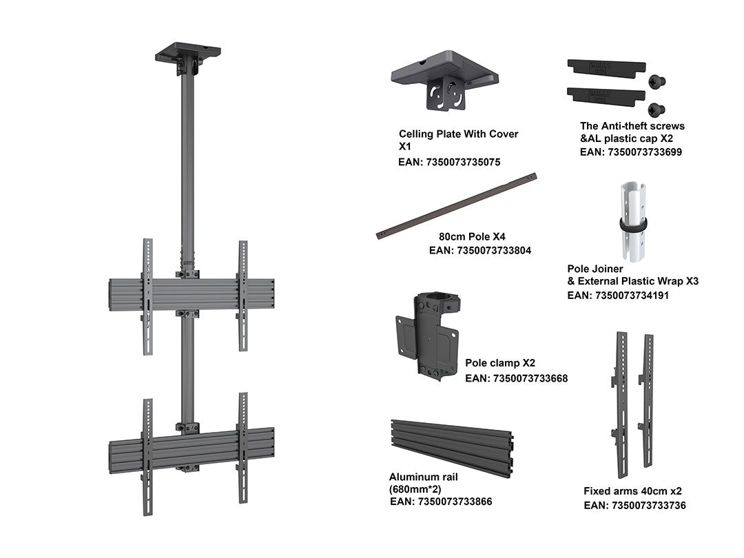 Multibrackets 3m 40" - 65" Dual Display Menu Board Ceiling Mount For 2 Screens Ceiling Mount Bracket Multibrackets