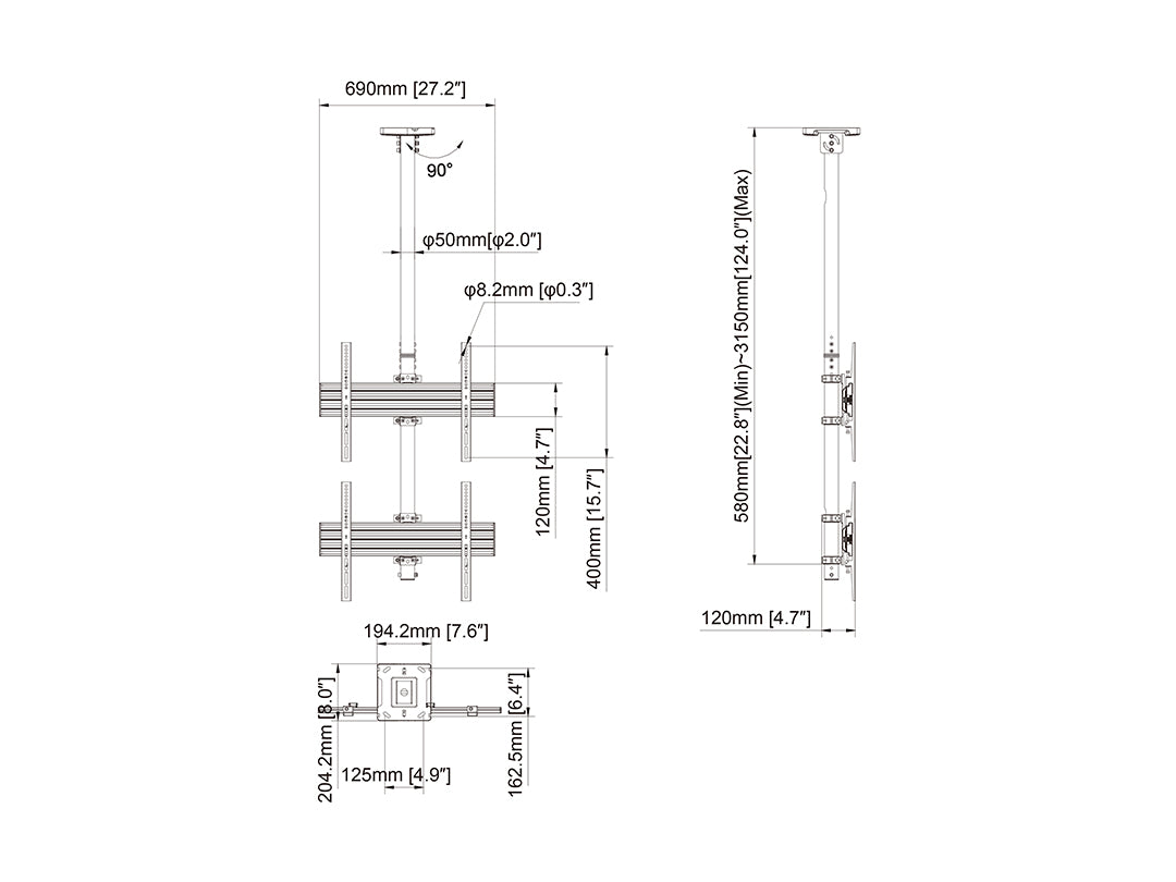Multibrackets 3m 40" - 65" Dual Display Menu Board Ceiling Mount For 2 Screens Ceiling Mount Bracket Multibrackets