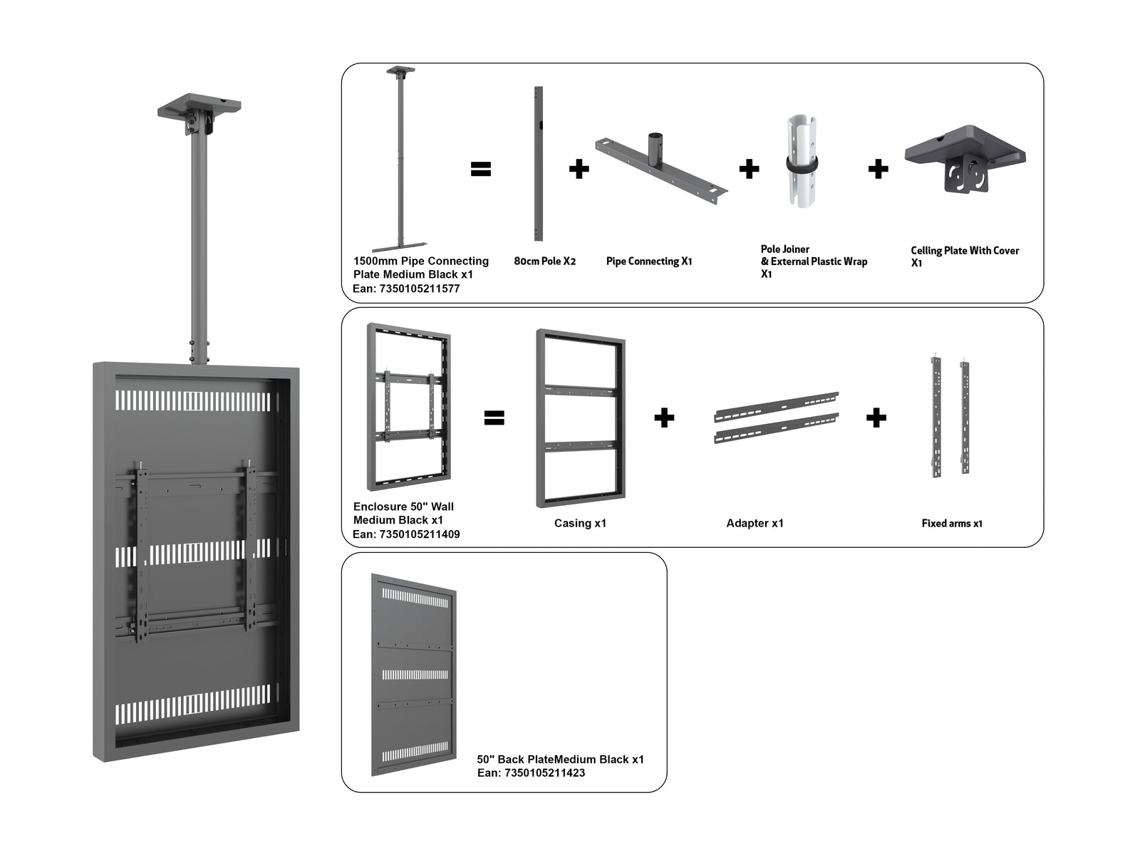 Multibrackets M Pro Series Enclosure 50" Ceiling Medium Black Signage Display Enclosures Multibrackets
