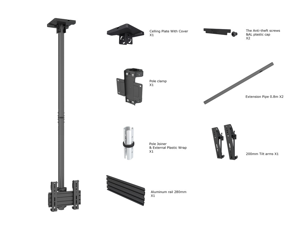 Multibrackets 24” - 42" 1.5m Pole Single Side Display Ceiling Mount Pro Ceiling Mount Bracket Multibrackets