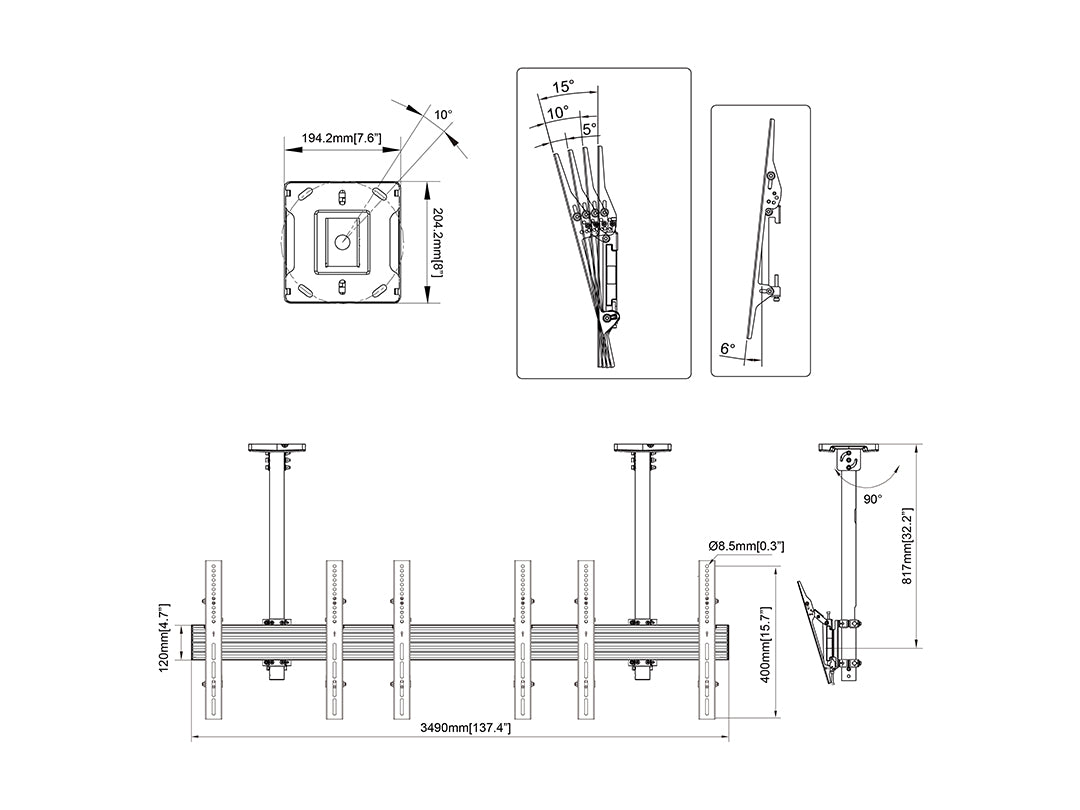 Multibrackets 0.8m Tilt 40"-65" Pro Series Menu Board Ceiling Mount For 3 Screens Ceiling Mount Bracket Multibrackets