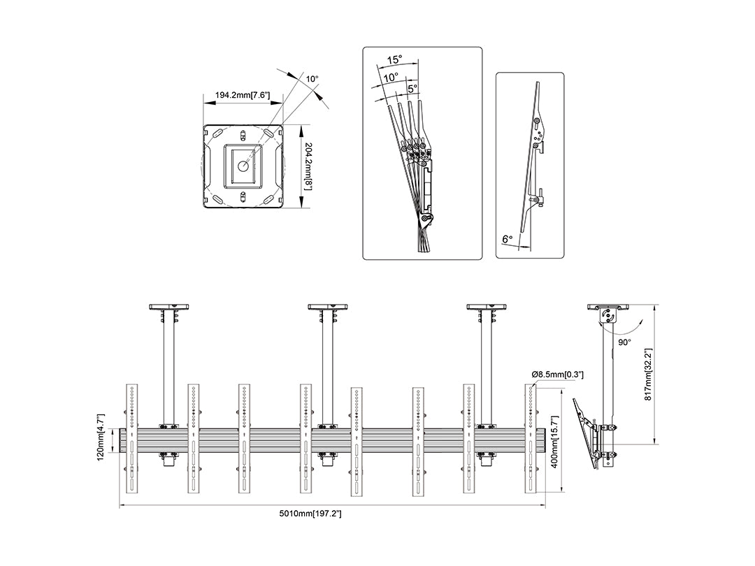 Multibrackets 0.8m Tilt 40"-65" Pro Series Menu Board Ceiling Mount For 4 Screens Ceiling Mount Bracket Multibrackets