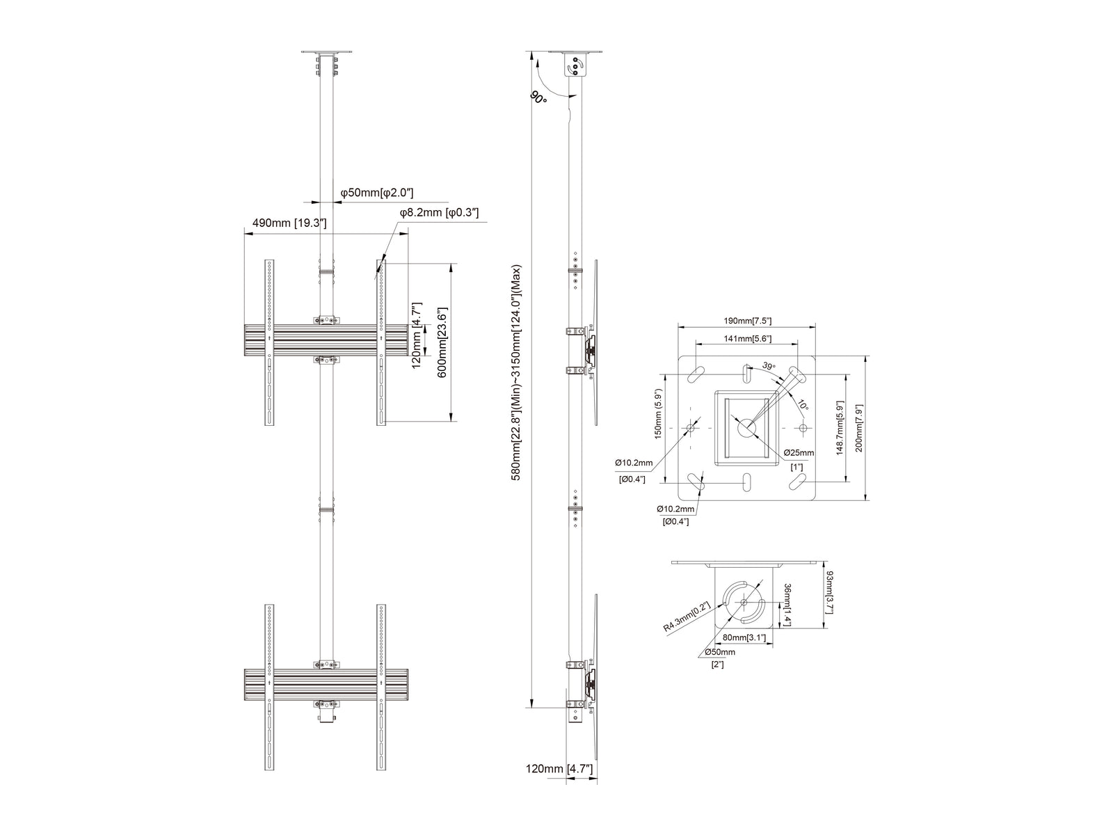 Multibrackets MBC2UP M Pro 3m 2-Screen Ceiling Mount For 40"-65" Screens | 7340234813964 Ceiling Mount Bracket Multibrackets