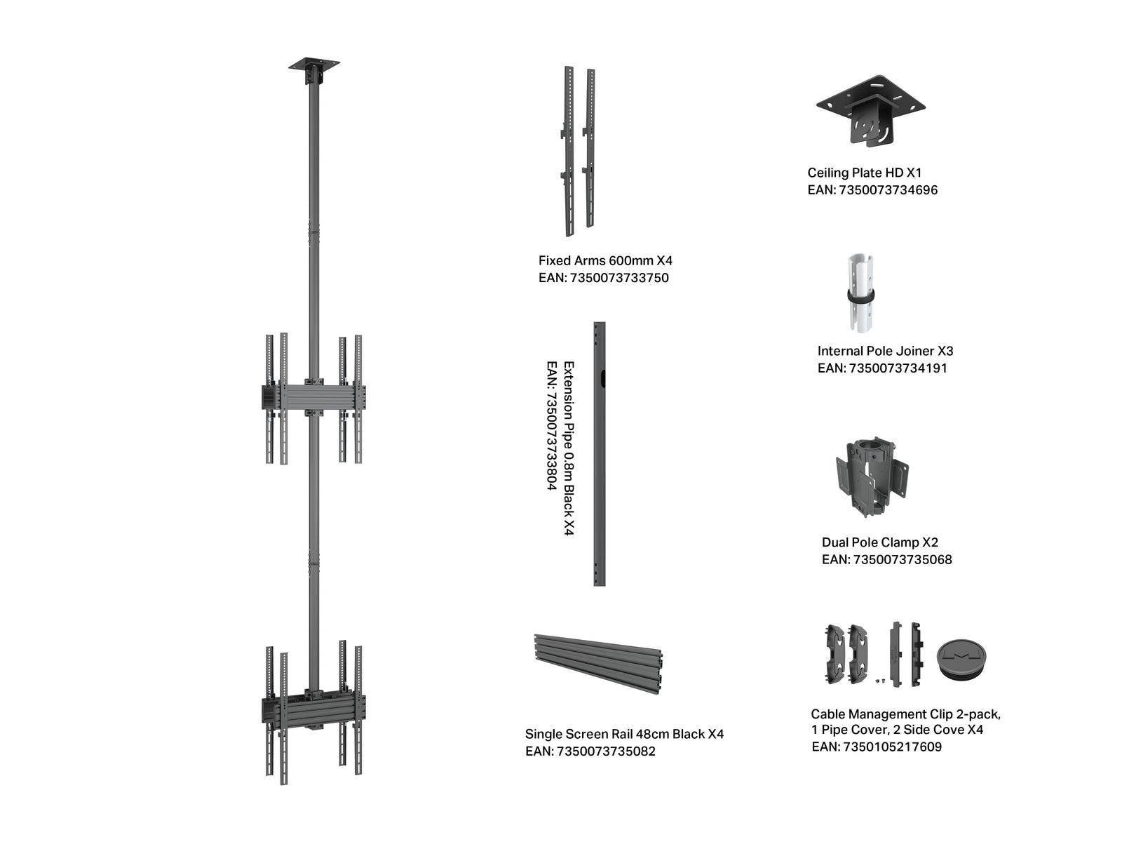 Multibrackets MBC2U2P M Pro 3m 4-Screen Ceiling Mount For 40"-65" Screens | 7340234813988 Ceiling Mount Bracket Multibrackets