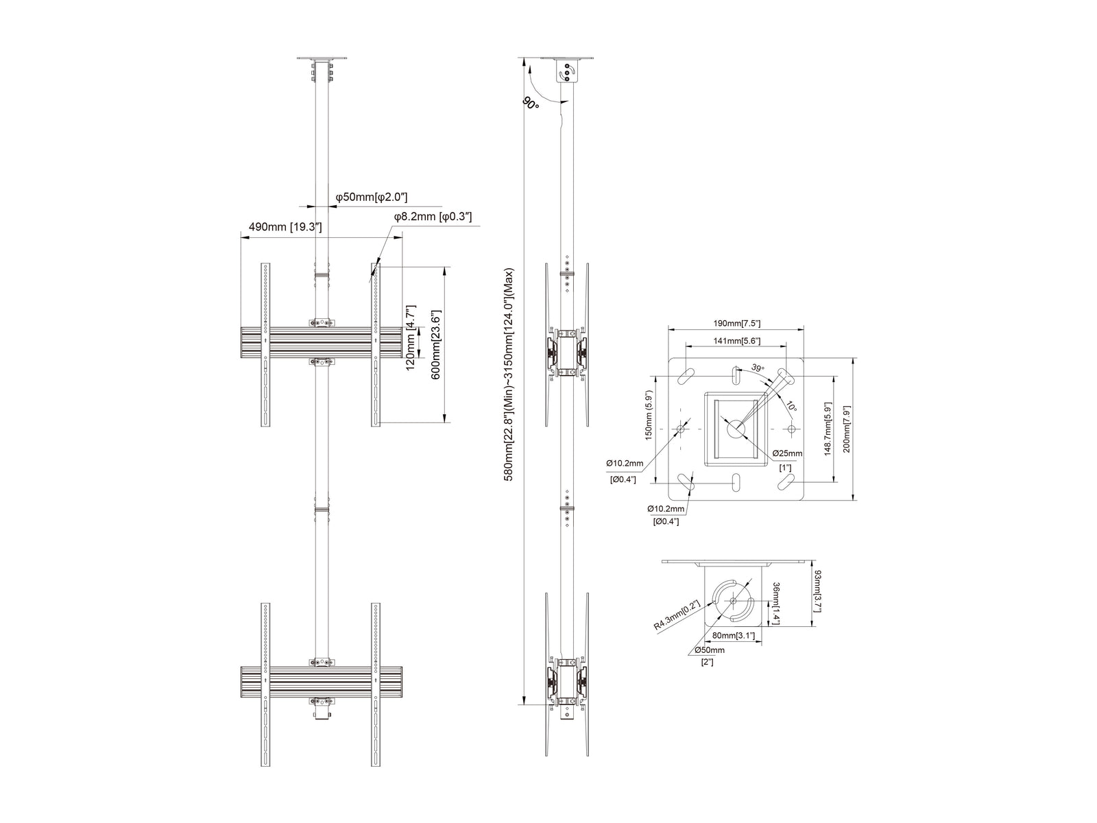 Multibrackets MBC2U2P M Pro 3m 4-Screen Ceiling Mount For 40"-65" Screens | 7340234813988 Ceiling Mount Bracket Multibrackets
