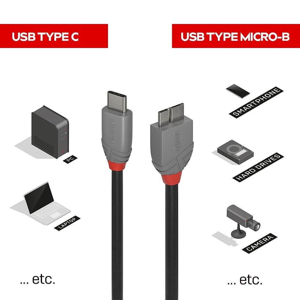 Lindy 3m USB 3.2 Type C to Micro-B Cable, Anthra Line | 36623 USB Cable Lindy