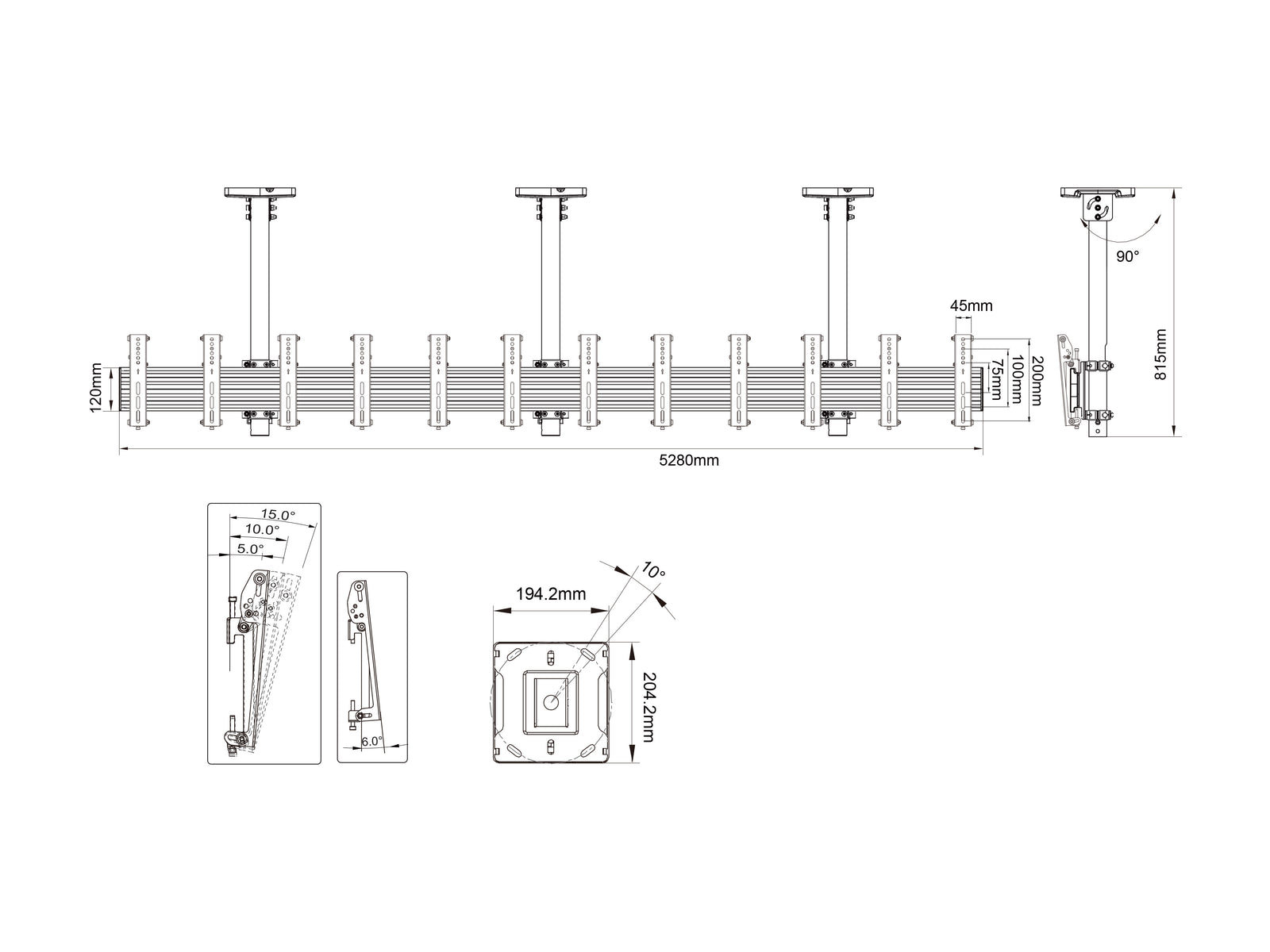 Multibrackets M Menu Board Pro 6-Screen Ceiling Mount For 32"-43" Screen | VESA 200x200 Ceiling Mount Bracket Multibrackets